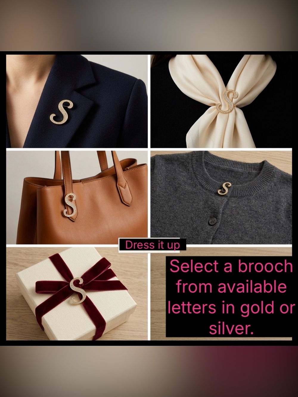 Cursive Crystal Initial Brooch Pin | Gold & Silver Options New